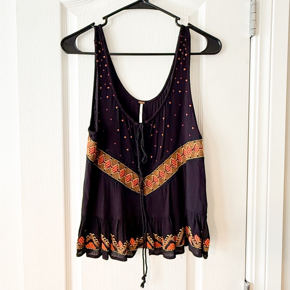 Free People Embroidered Black Sleeveless Top
